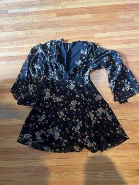 Free People Black Floral V-Neck Mini Dress